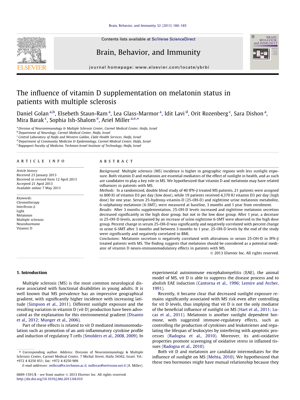 The Influence of Vitamin D Supplementation on Melatonin Status in Patients with Multiple Sclerosis