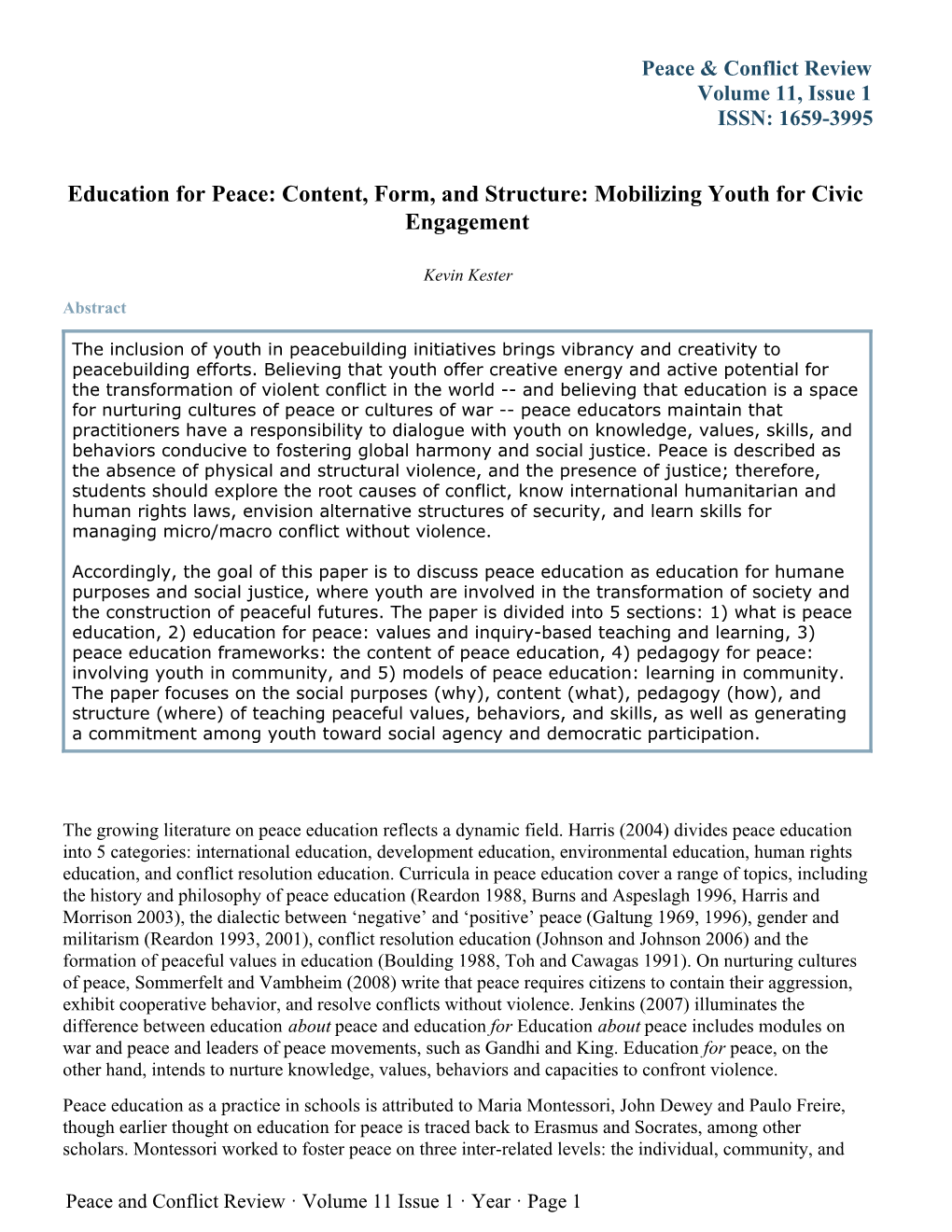 Education for Peace: Content, Form, and Structure: Mobilizing Youth for Civic Engagement