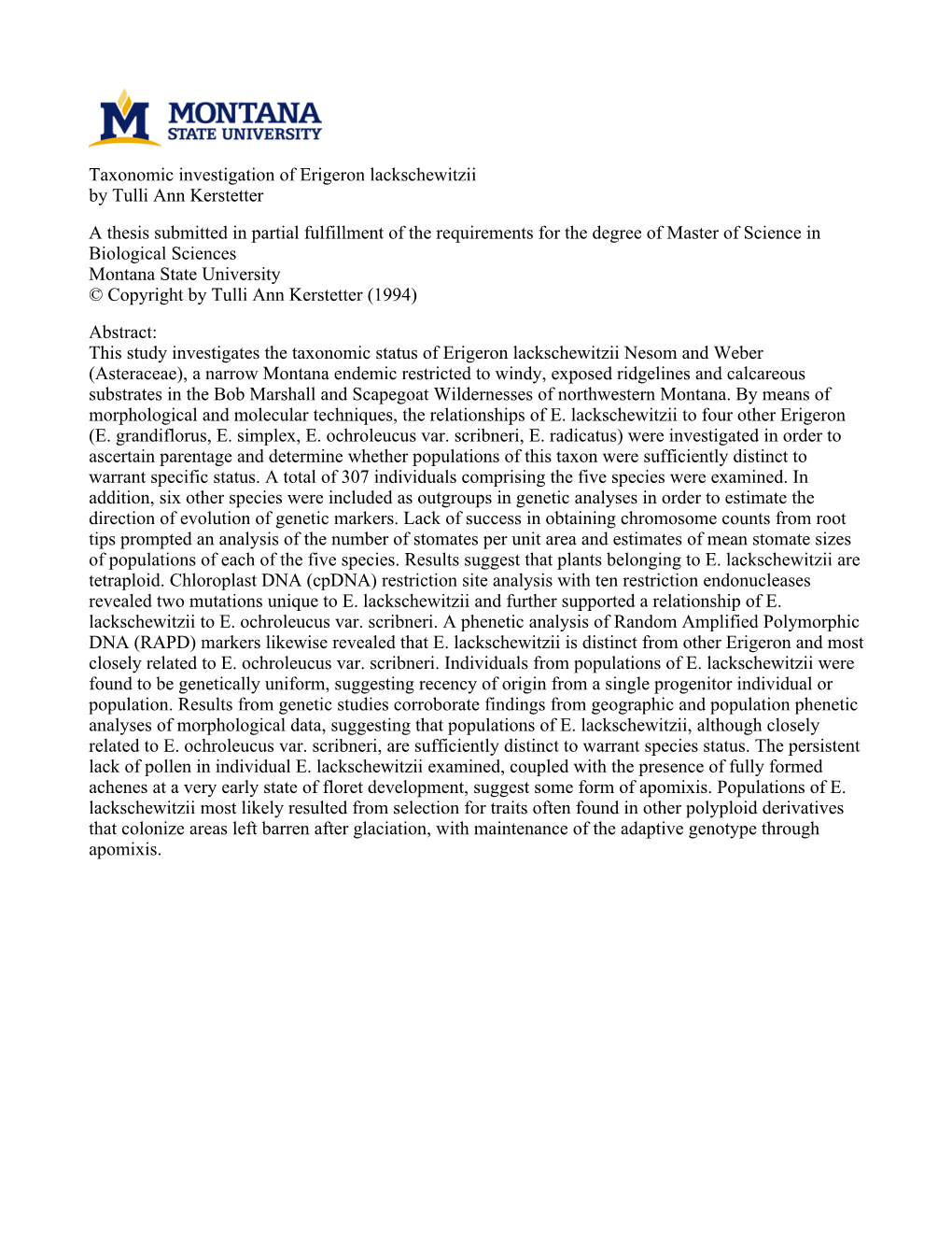 Taxonomic Investigation of Erigeron Lackschewitzii by Tulli Ann