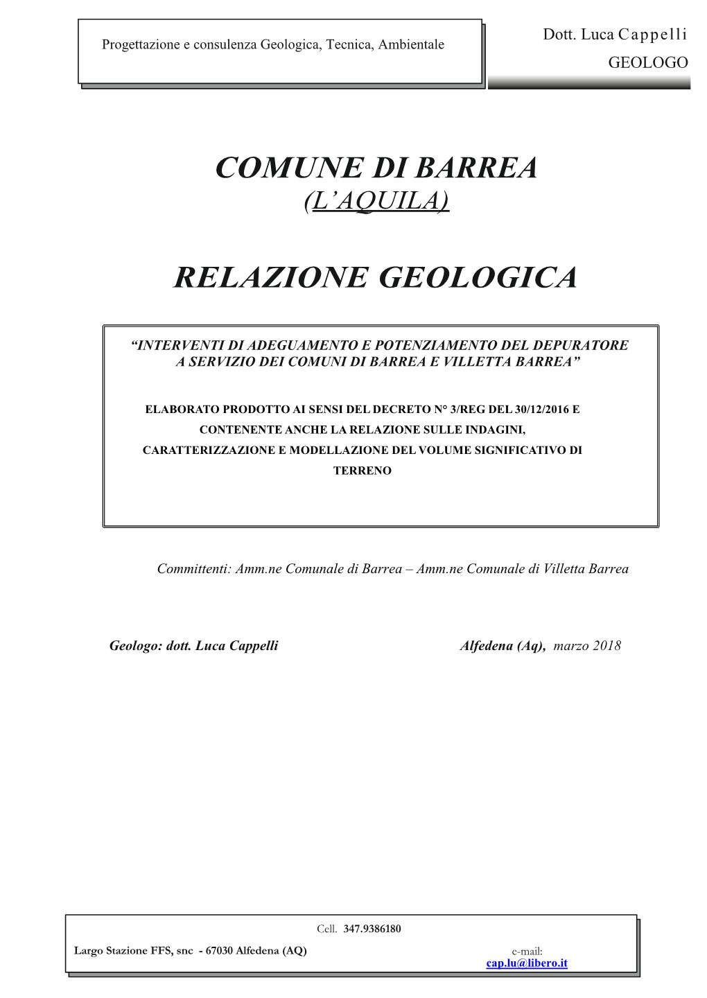 Comune Di Barrea Relazione Geologica