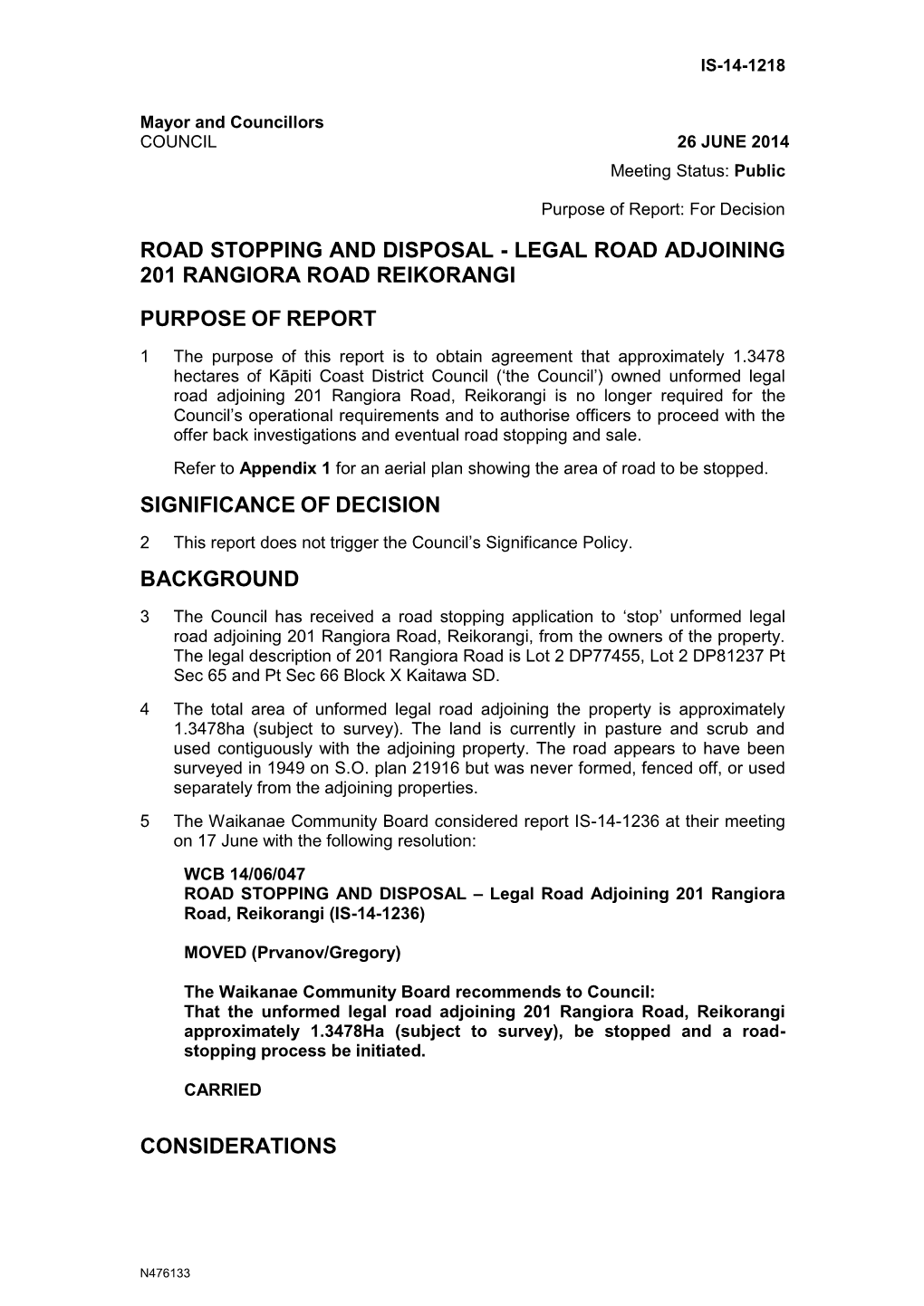 Road Stopping and Disposal - Legal Road Adjoining 201 Rangiora Road Reikorangi