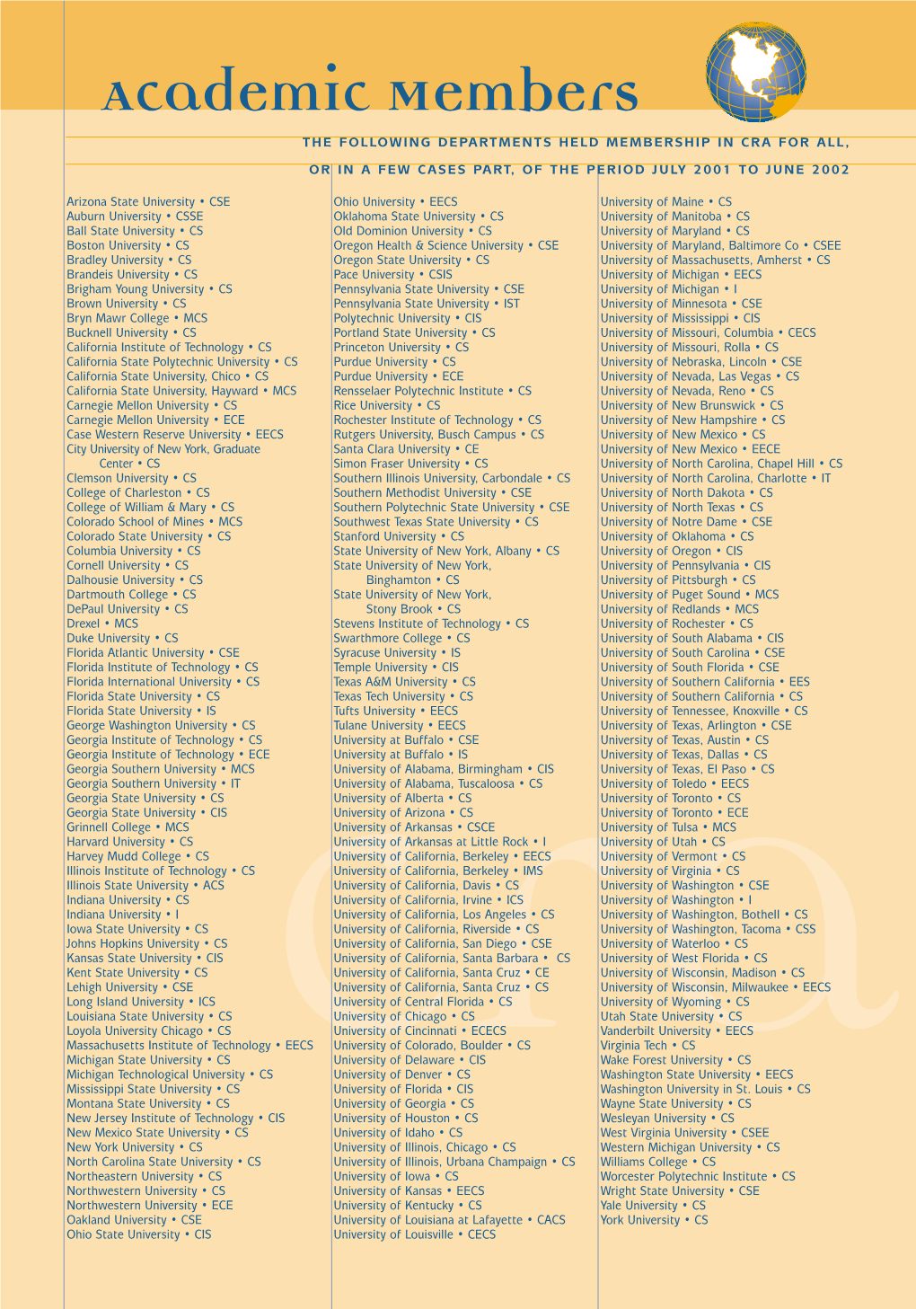 Academic Members the FOLLOWING DEPARTMENTS HELD MEMBERSHIP in CRA for ALL