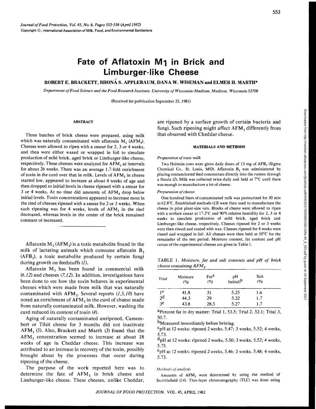 Fate of Aflatoxin M&lt;Sub&gt;1&lt;/Sub&gt; in Brick and Limburger-Like Cheese