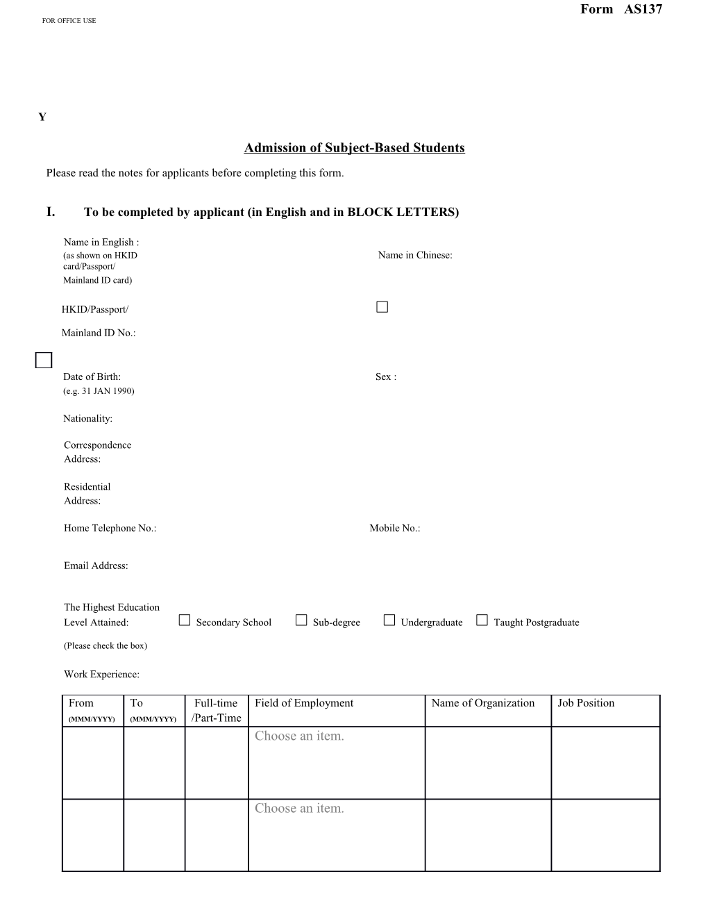 Admission of Subject-Based Students s1