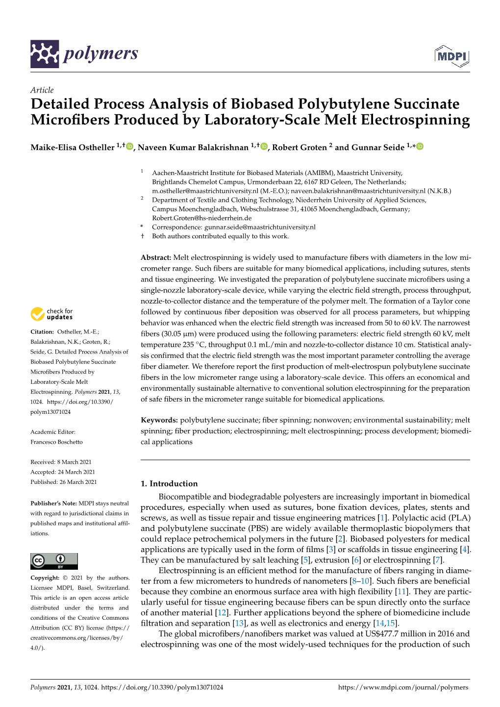 Detailed Process Analysis of Biobased Polybutylene Succinate Microﬁbers Produced by Laboratory-Scale Melt Electrospinning