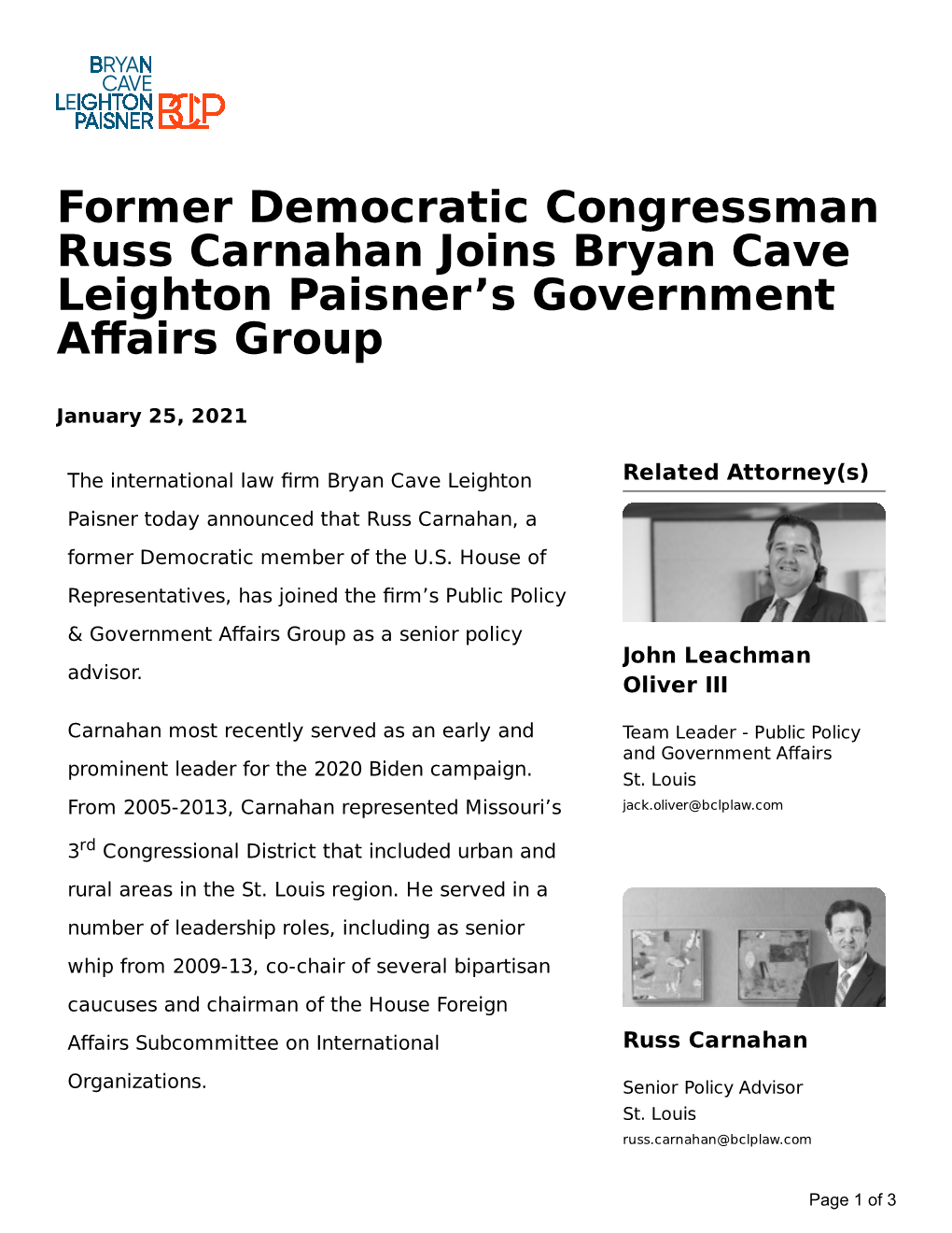 Former Democratic Congressman Russ Carnahan Joins Bryan Cave Leighton Paisner’S Government Aﬀairs Group