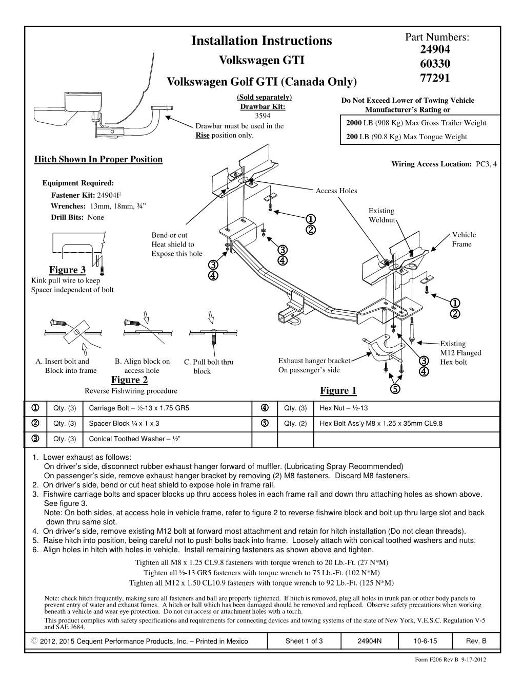 Installation Instructions Part Numbers: 24904 Volkswagen GTI 60330 Volkswagen Golf GTI (Canada Only) 77291