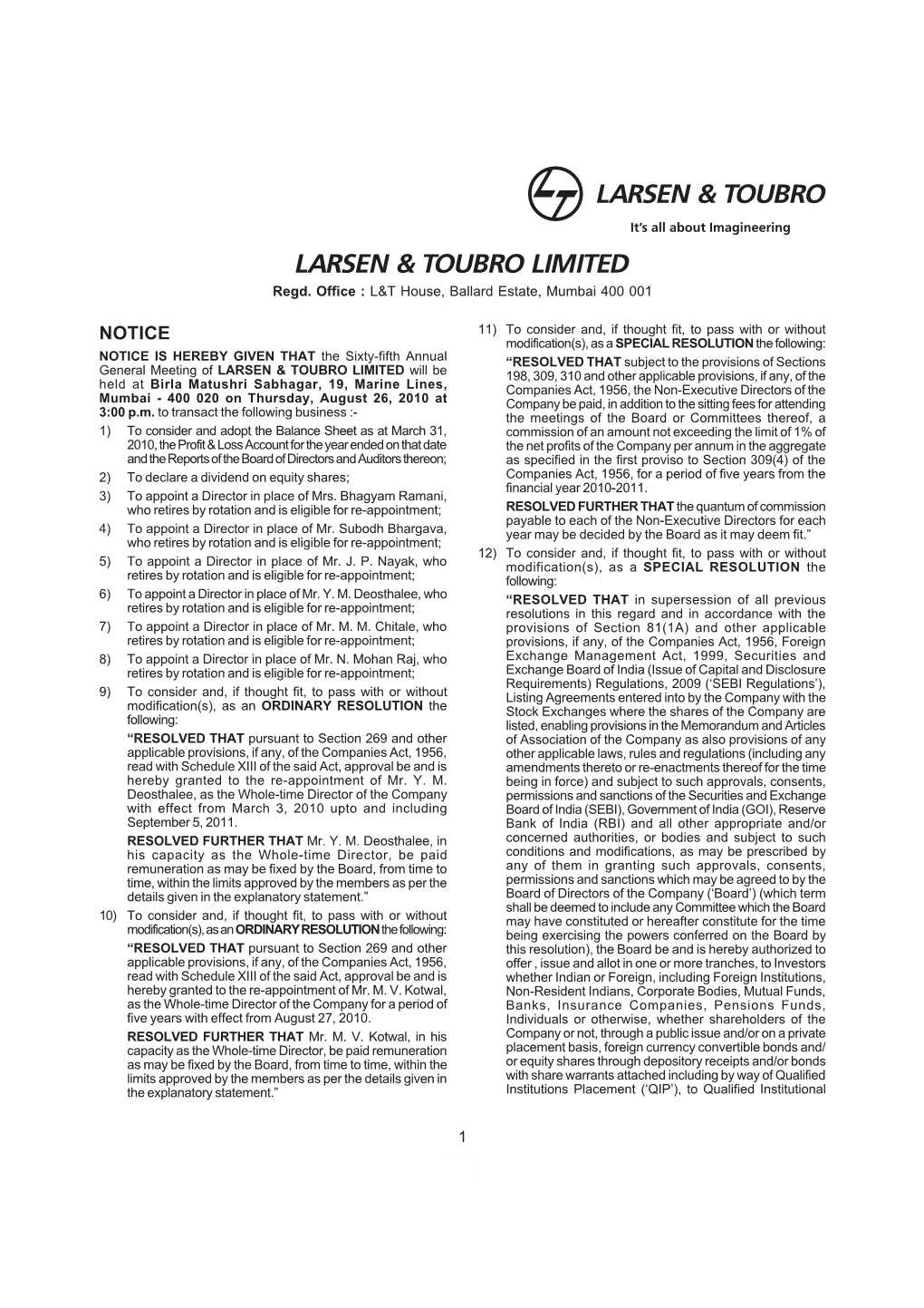 Notice Larsen & Toubro Ltd. 2 Column 2010.Pmd