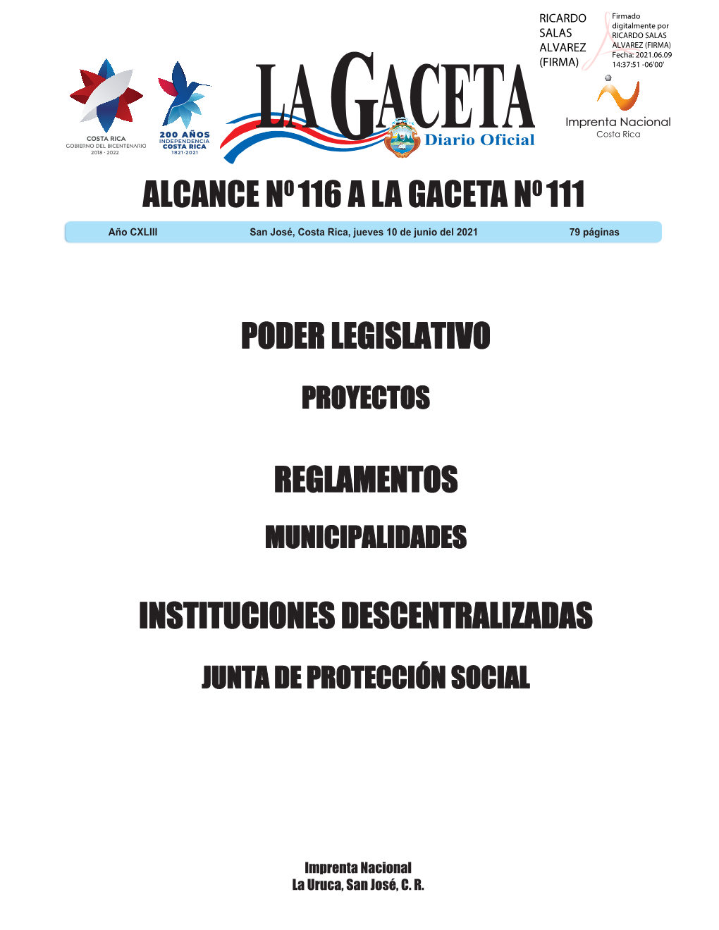 ALCANCE N° 116 a LA GACETA N° 111 De La Fecha 10 06 2021