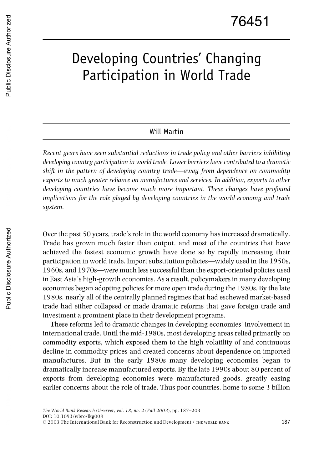 Developing Countries' Changing Participation in World Trade