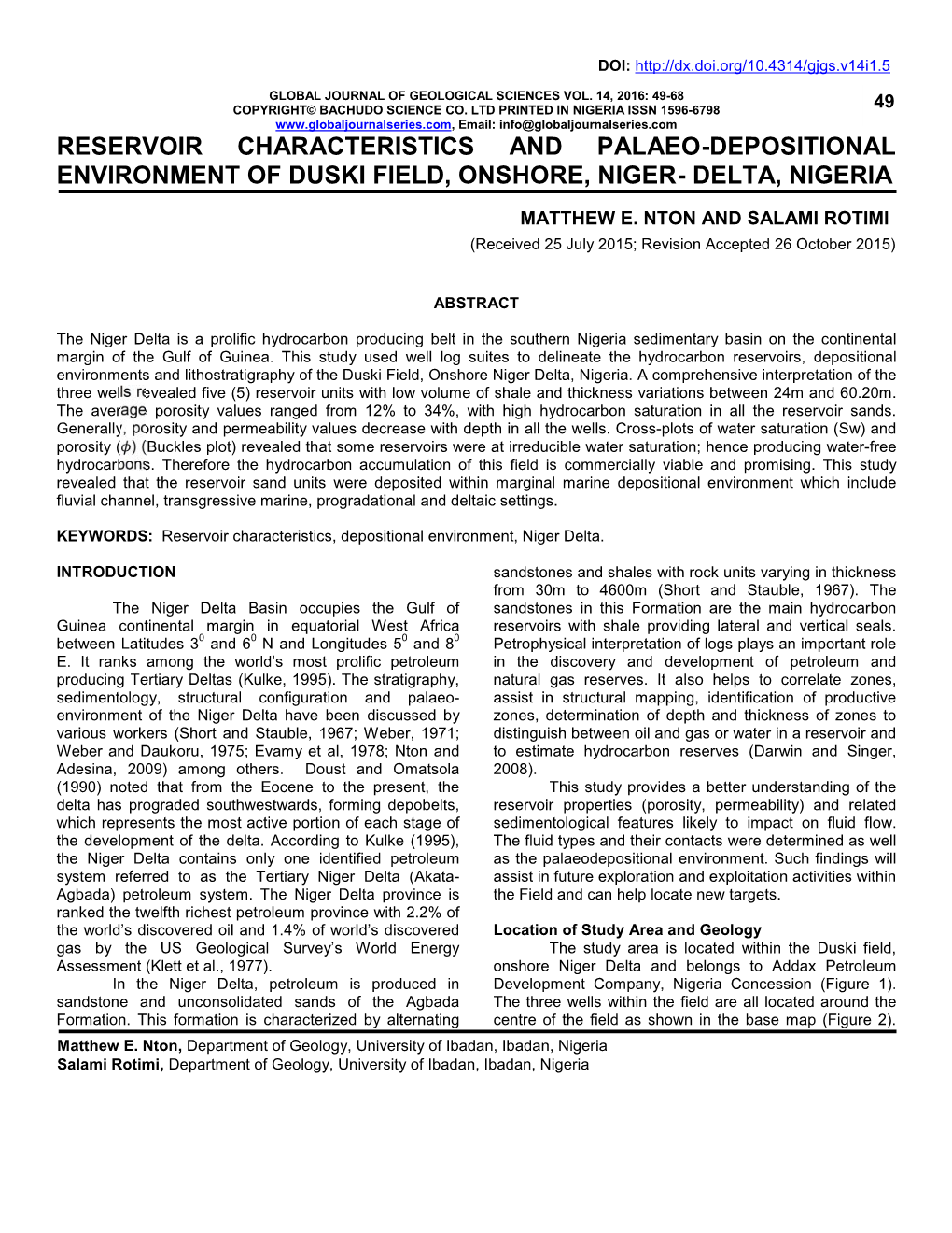 Reservoir Characteristics and Palaeo-Depositional Environment of Duski Field, Onshore, Niger- Delta, Nigeria