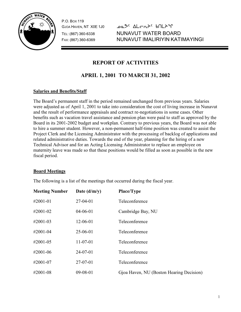 Report of Activities April 1, 2001 to March 31, 2002