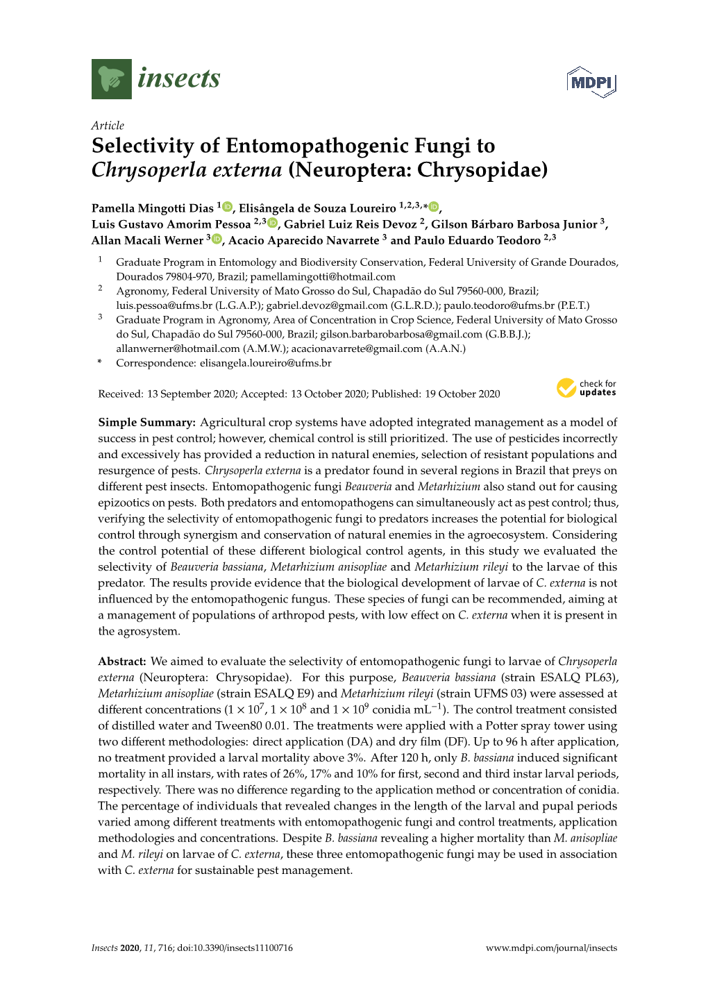 Selectivity of Entomopathogenic Fungi to Chrysoperla Externa (Neuroptera: Chrysopidae)