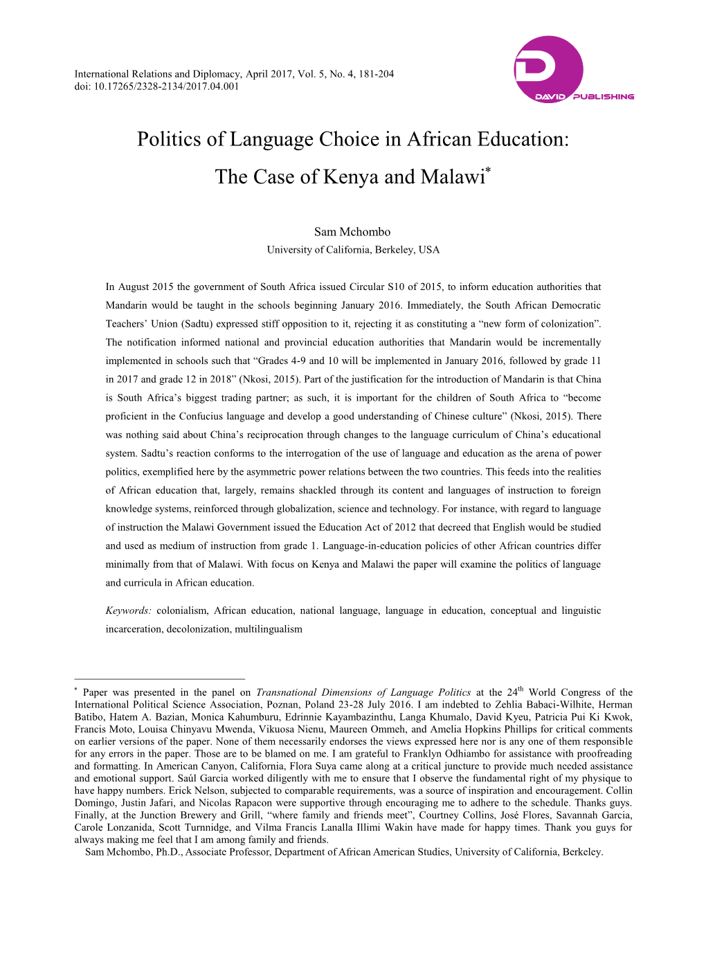 Politics of Language Choice in African Education: the Case of Kenya and Malawi