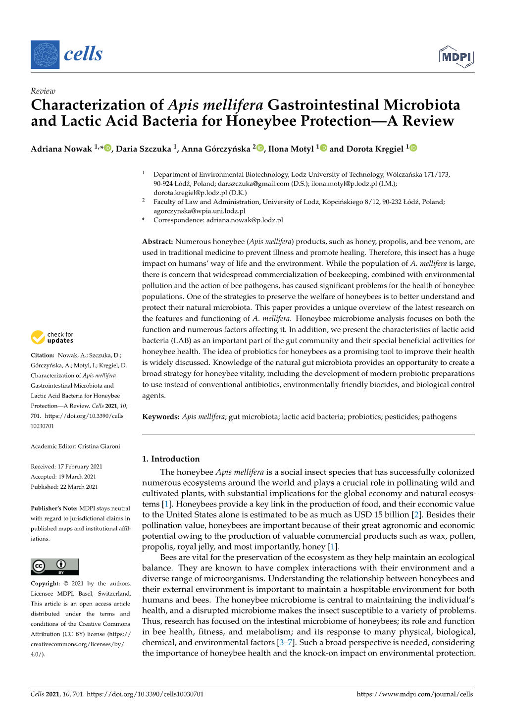 Characterization of Apis Mellifera Gastrointestinal Microbiota and Lactic Acid Bacteria for Honeybee Protection—A Review