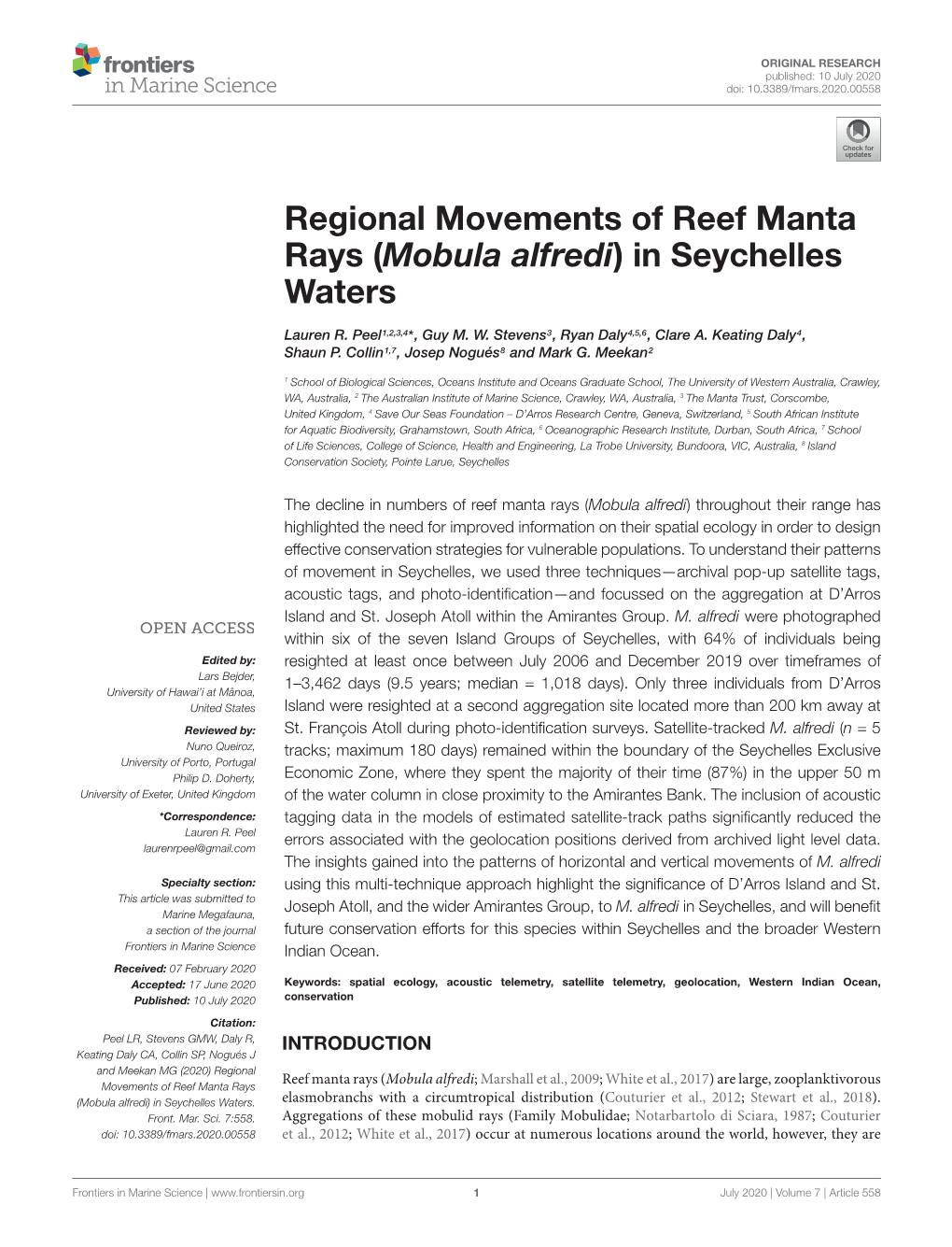 Regional Movements of Reef Manta Rays (Mobula Alfredi) in Seychelles Waters