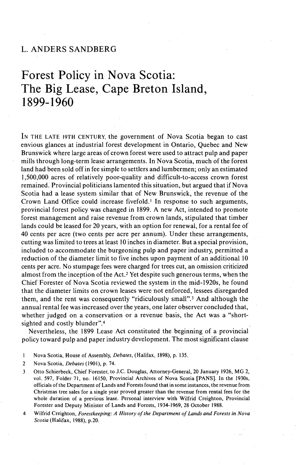 Forest Policy in Nova Scotia: the Big Lease, Cape Breton Island, 1899-1960