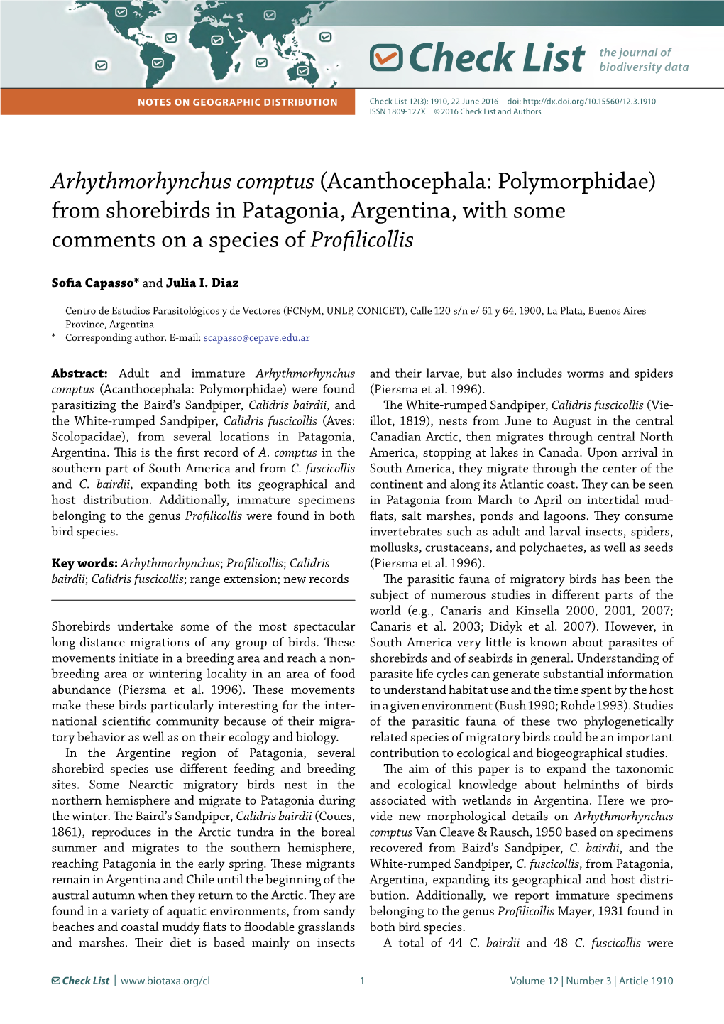 Arhythmorhynchus Comptus (Acanthocephala: Polymorphidae) from Shorebirds in Patagonia, Argentina, with Some Comments on a Species of Profilicollis