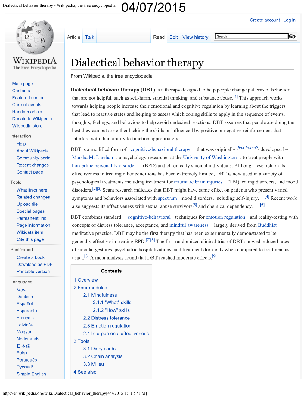 Dialectical Behavior Therapy - Wikipedia, the Free Encyclopedia 04/07/2015 Create Account Log In