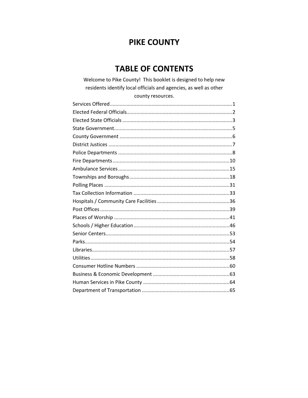 Pike County Table of Contents