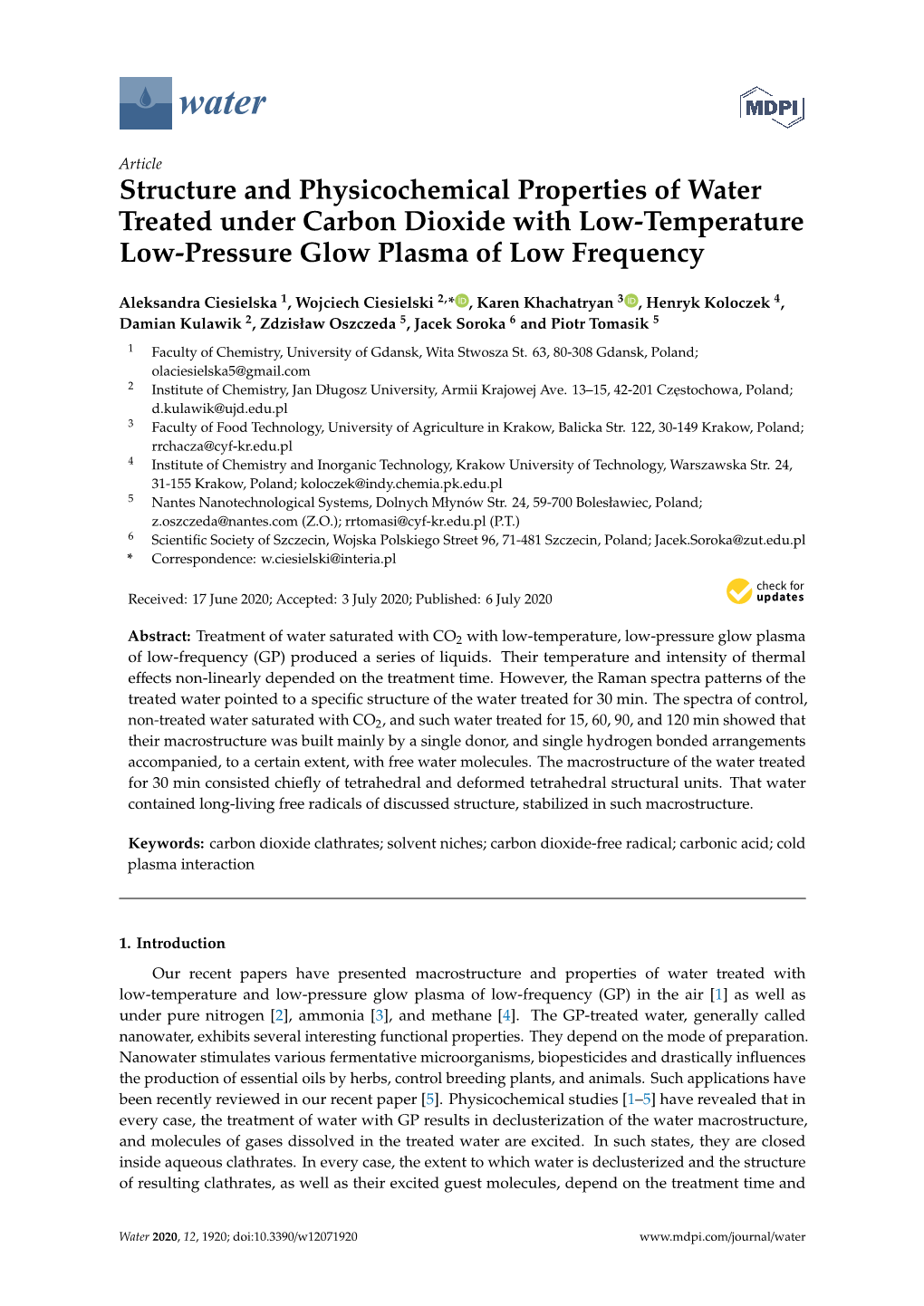 Structure and Physicochemical Properties of Water Treated Under Carbon Dioxide with Low-Temperature Low-Pressure Glow Plasma of Low Frequency