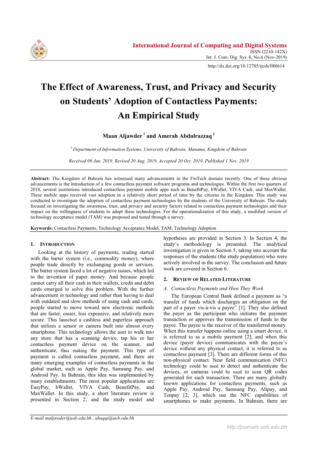 The Effect of Awareness, Trust, and Privacy and Security on Students’ Adoption of Contactless Payments: an Empirical Study
