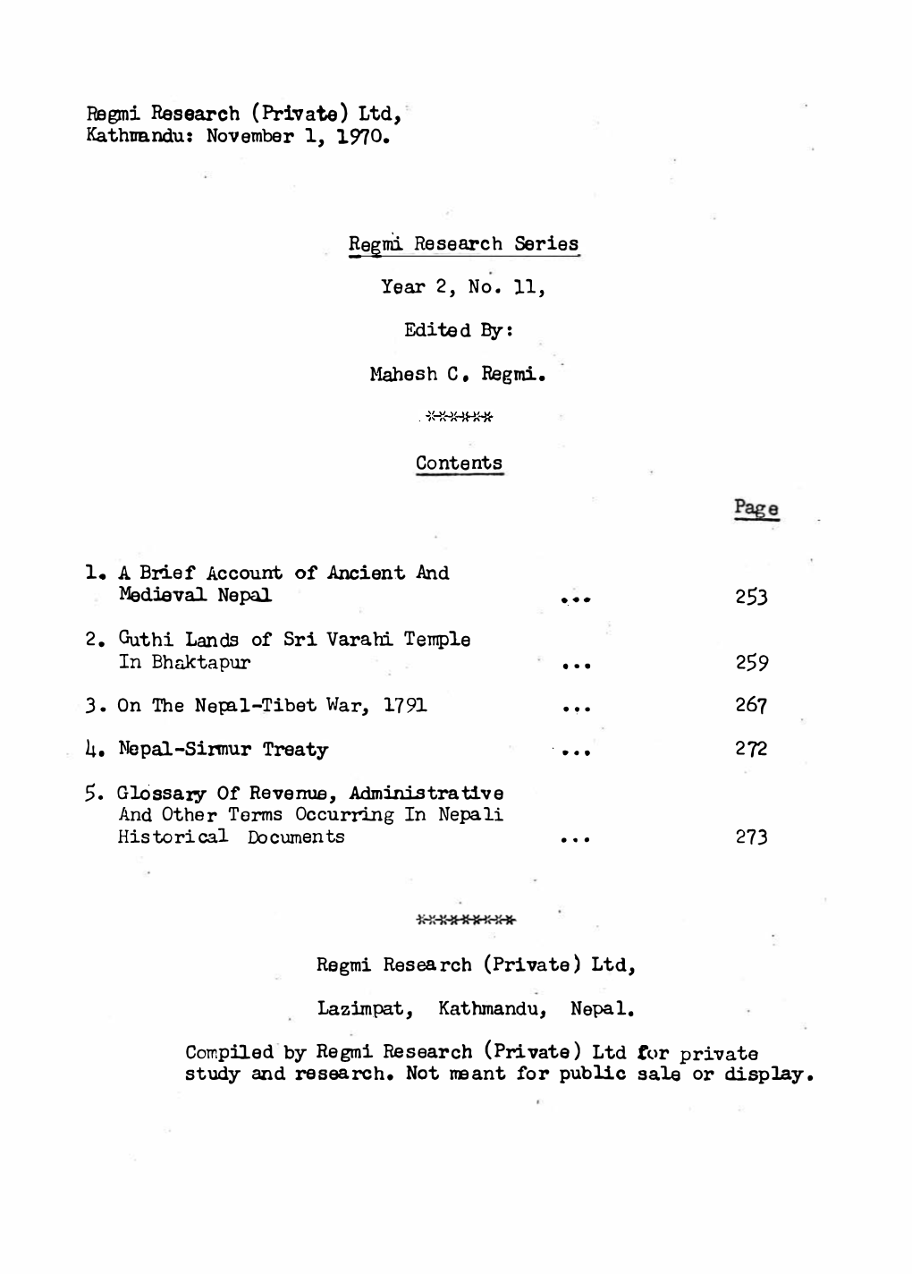 Regmi Research Series, Year 2, No. 11, Nov. 1, 1970
