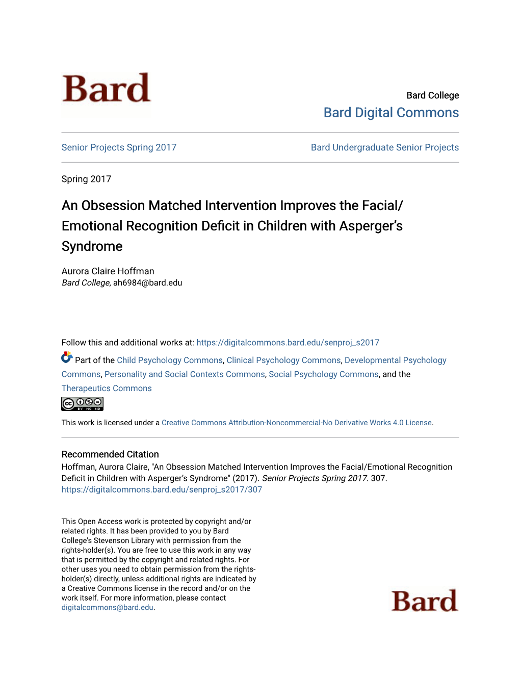 An Obsession Matched Intervention Improves the Facial/Emotional Recognition Deficit in Children with Asperger’S Syndrome" (2017)