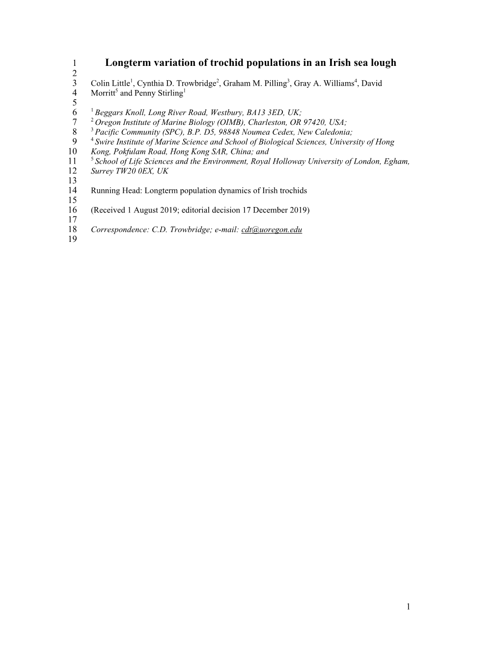 Longterm Variation of Trochid Populations in an Irish Sea Lough 2 3 Colin Little1, Cynthia D