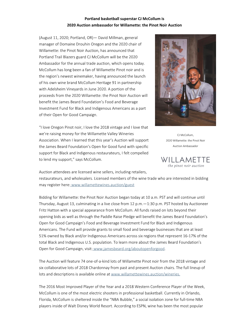 Portland Basketball Superstar CJ Mccollum Is 2020 Auction Ambassador for Willamette: the Pinot Noir Auction