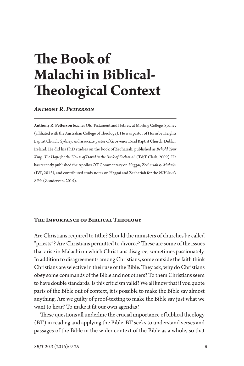 The Book of Malachi in Biblical- Theological Context Anthony R