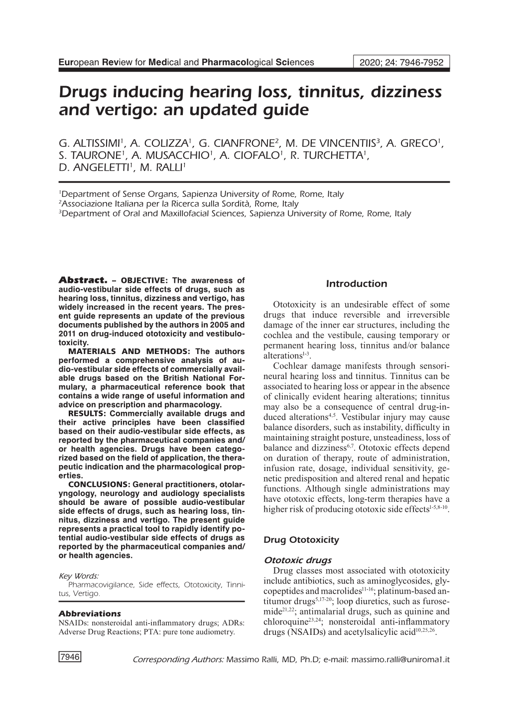 Drugs Inducing Hearing Loss, Tinnitus, Dizziness and Vertigo: an Updated Guide