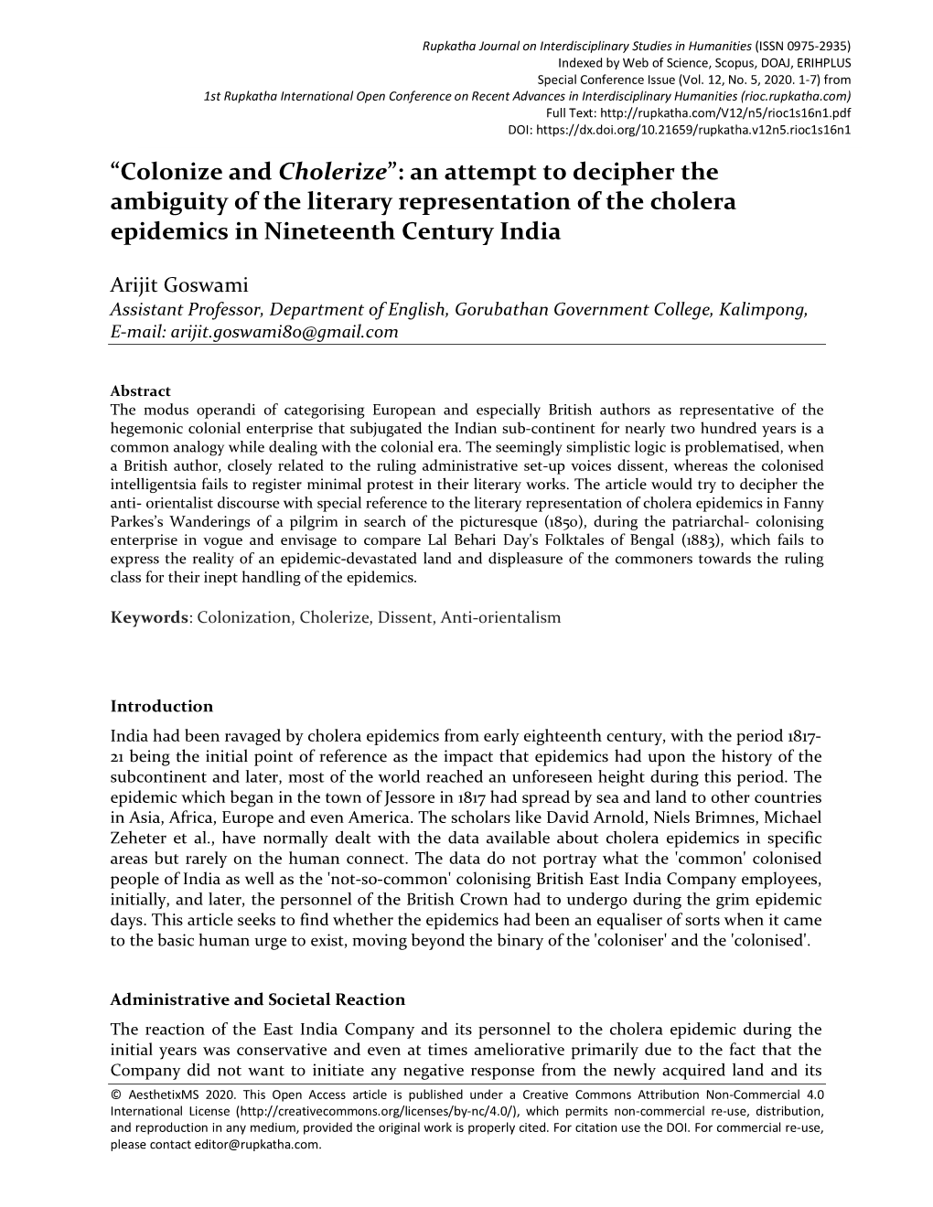 “Colonize and Cholerize”: an Attempt to Decipher the Ambiguity of the Literary Representation of the Cholera Epidemics in Nineteenth Century India