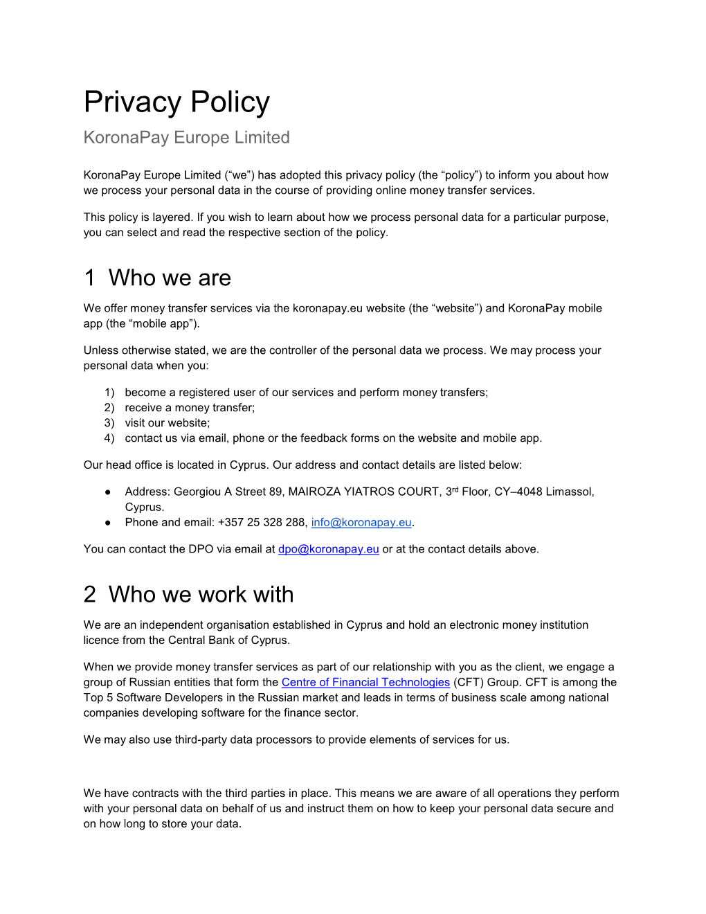 Privacy Policy Koronapay Europe Limited