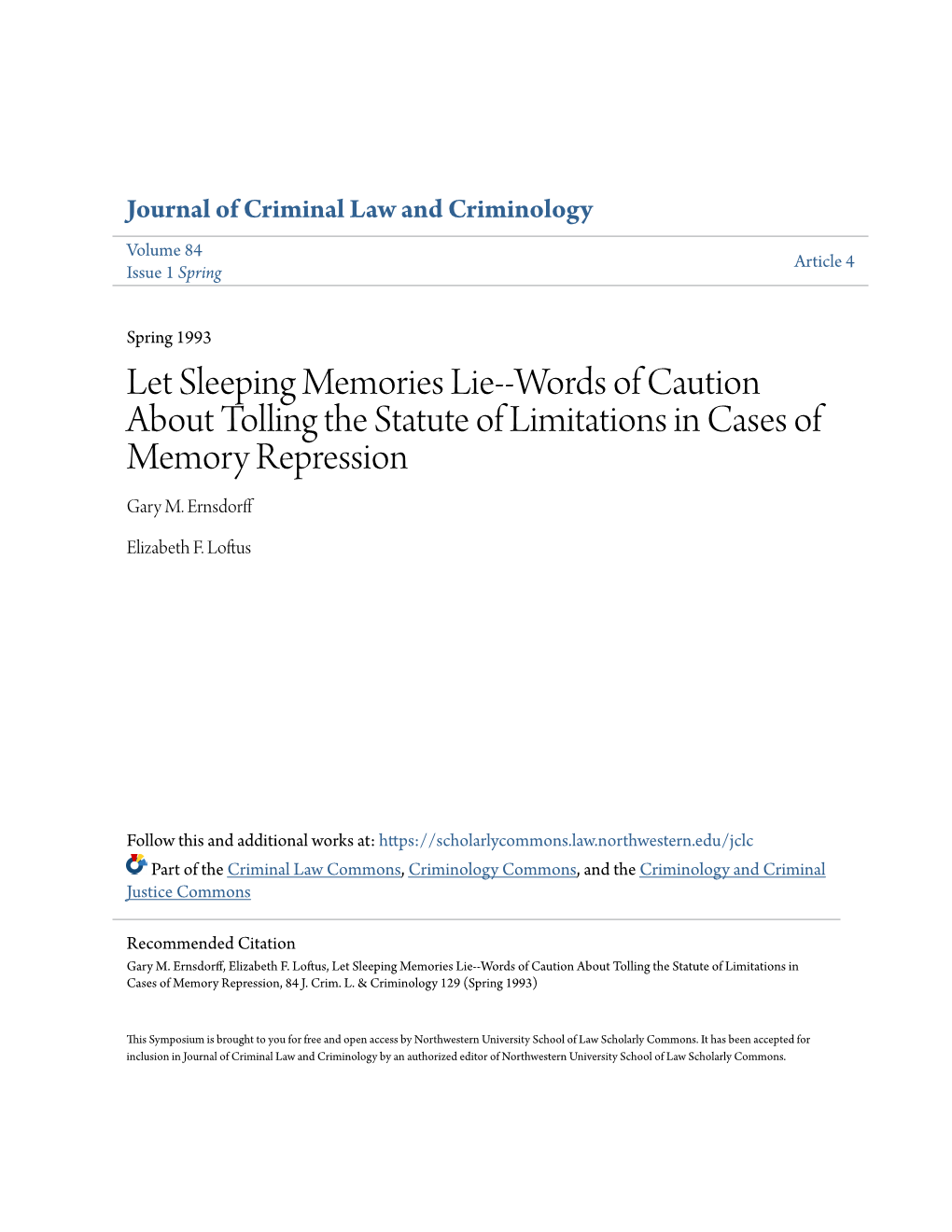 Words of Caution About Tolling the Statute of Limitations in Cases of Memory Repression Gary M