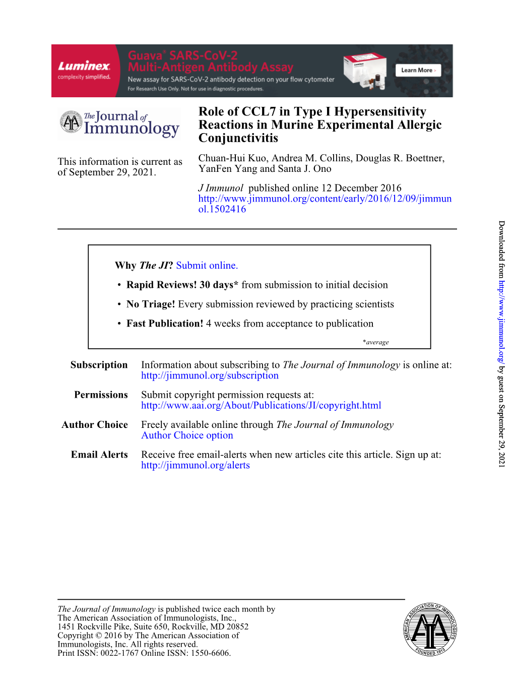 Role of CCL7 in Type I Hypersensitivity Reactions in Murine Experimental Allergic Conjunctivitis