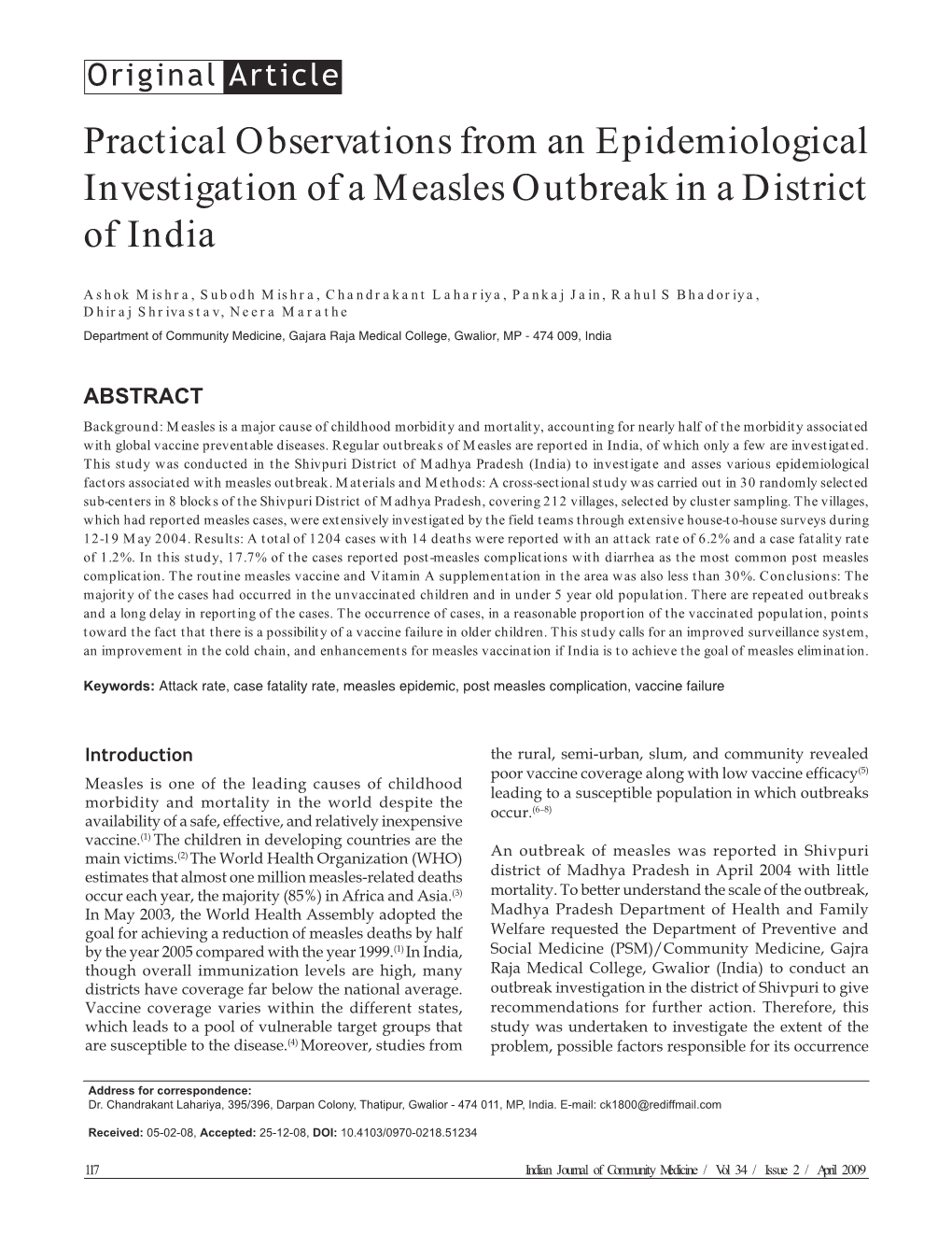 Practical Observations from an Epidemiological Investigation of a Measles Outbreak in a District of India