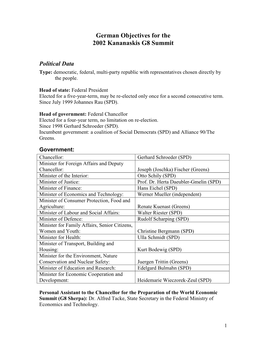 German Objectives for the 2002 Kananaskis G8 Summit