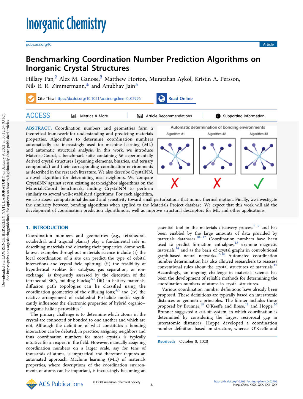 Benchmarking Coordination Number Prediction Algorithms on Inorganic Crystal Structures Hillary Pan,§ Alex M