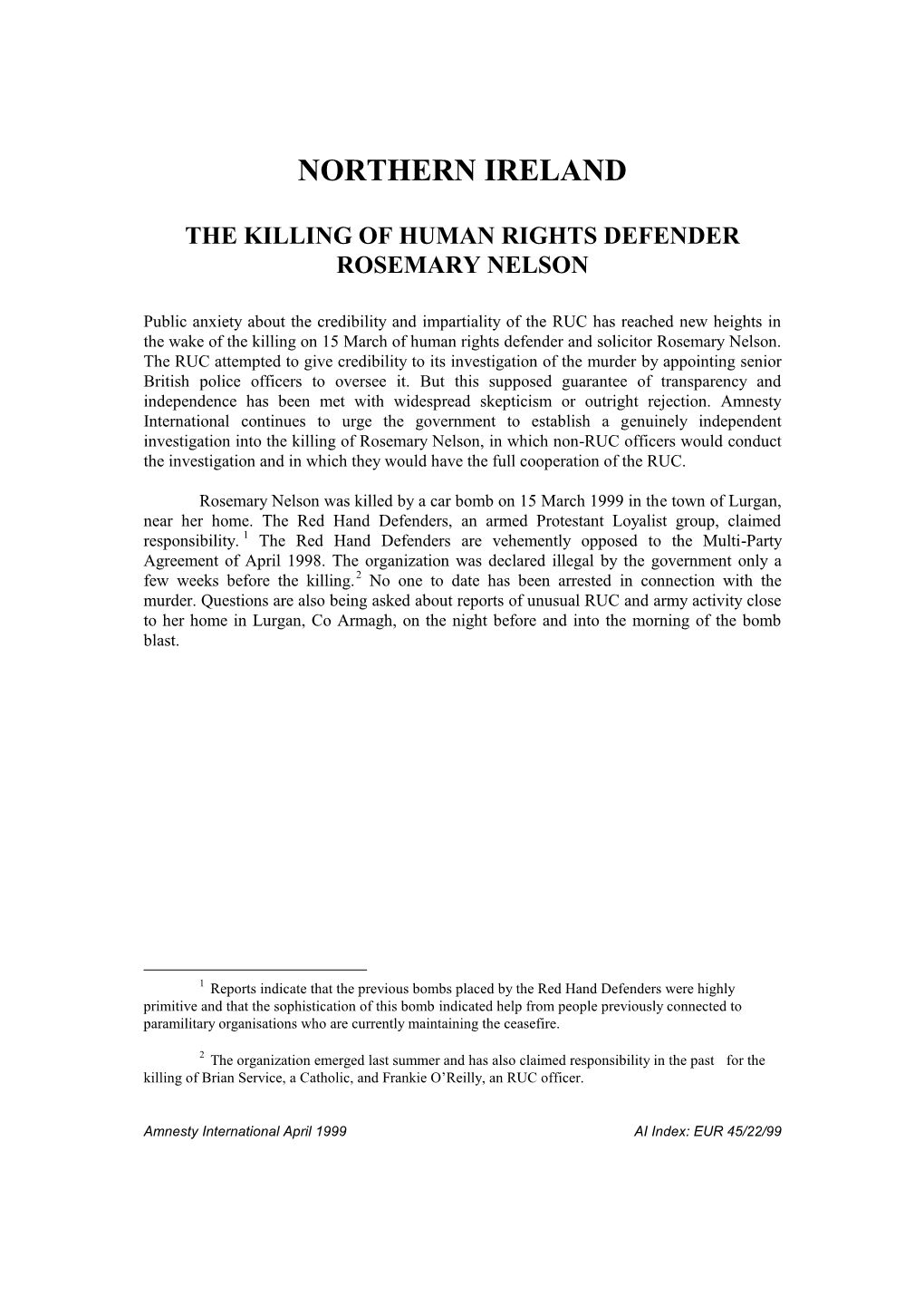 The Killing of Human Rights Defender Rosemary Nelson