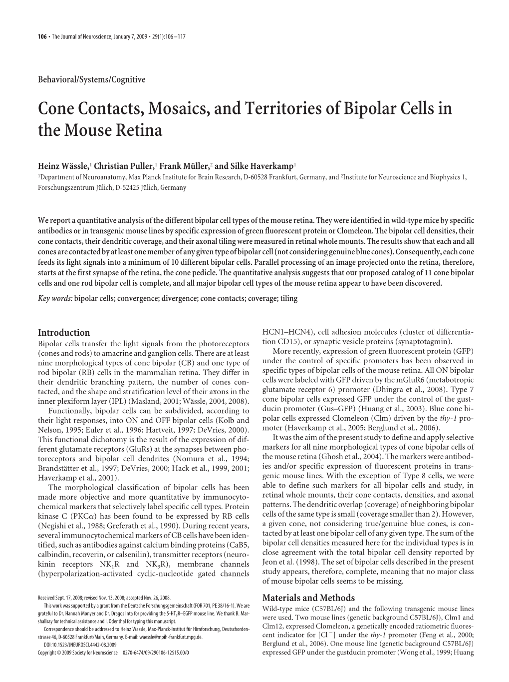 Cone Contacts, Mosaics, and Territories of Bipolar Cells in the Mouse Retina