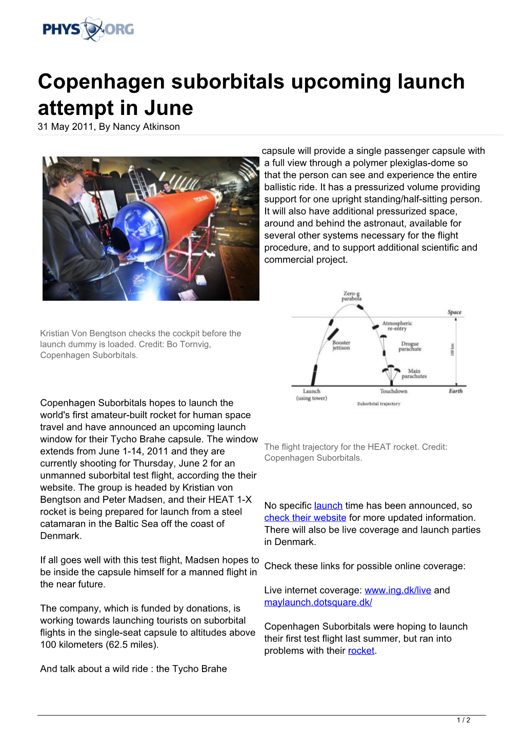 Copenhagen Suborbitals Upcoming Launch Attempt in June 31 May 2011, by Nancy Atkinson