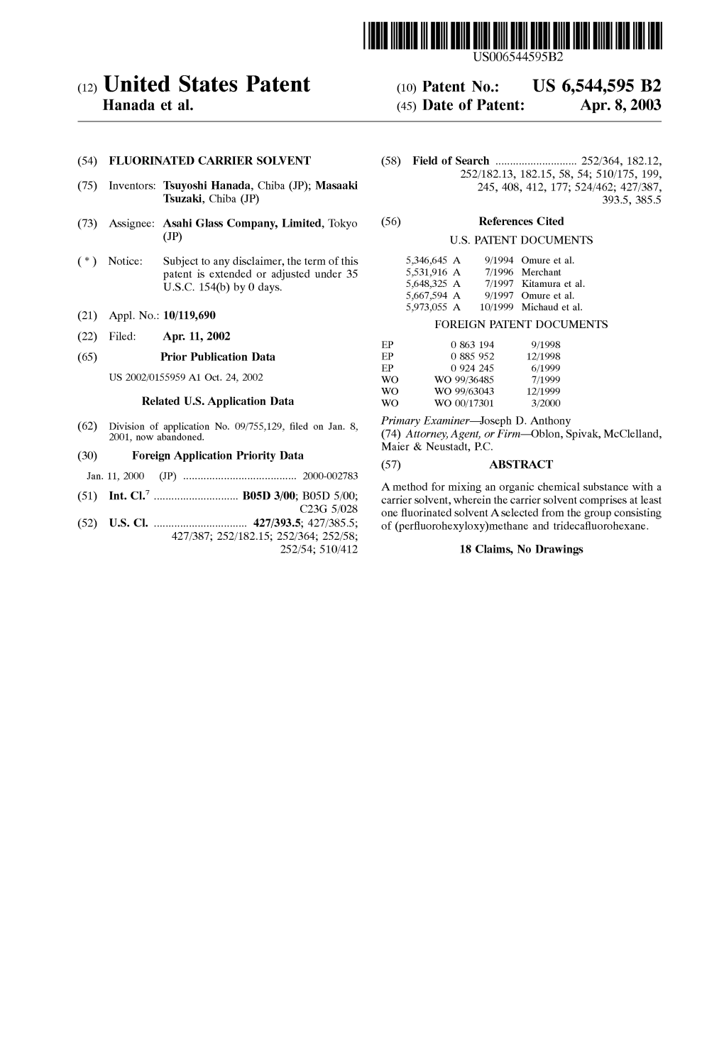 (12) United States Patent (10) Patent No.: US 6,544,595 B2 Hanada Et Al