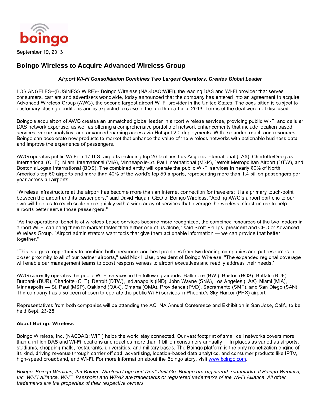 Boingo Wireless to Acquire Advanced Wireless Group