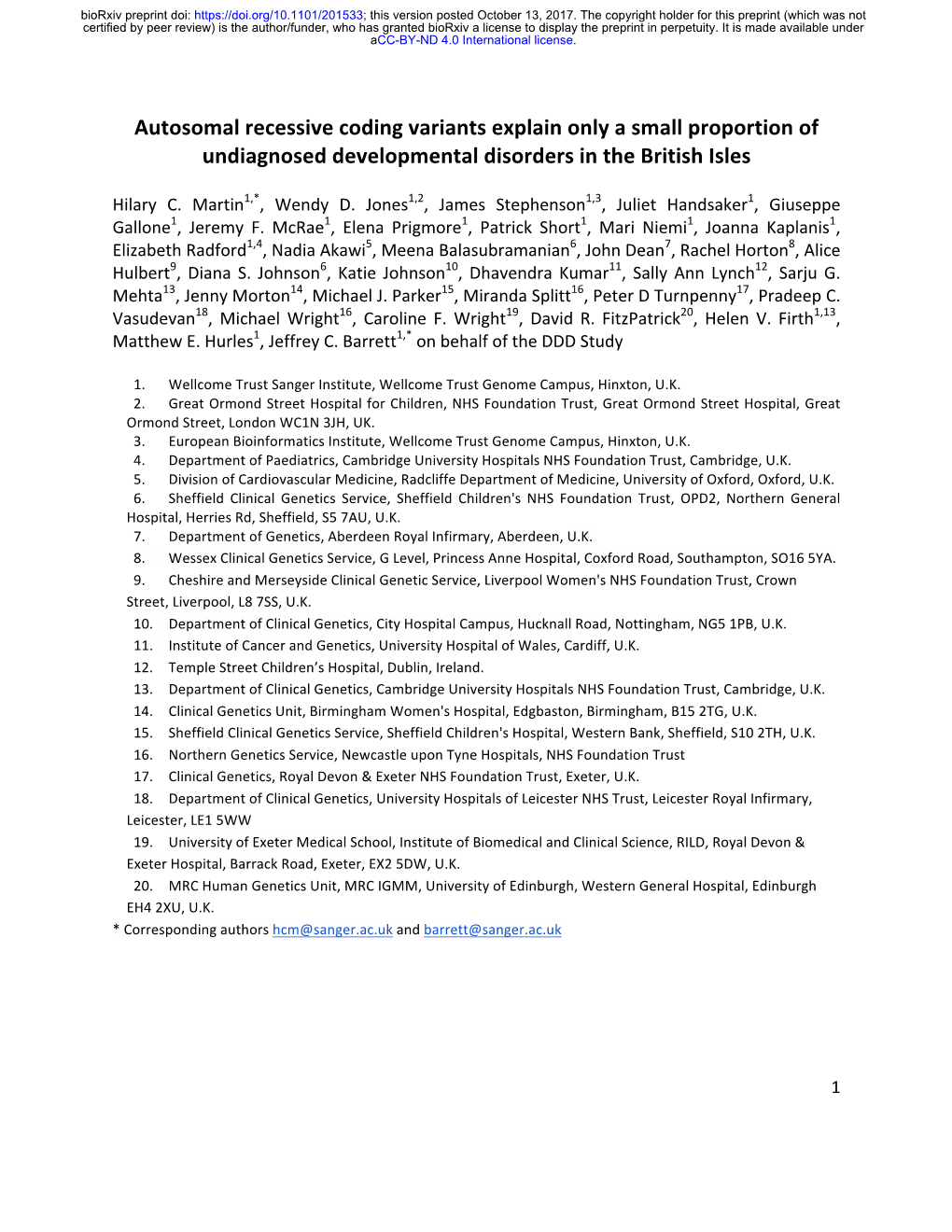 Autosomal Recessive Coding Variants Explain Only a Small Proportion of Undiagnosed Developmental Disorders in the British Isles