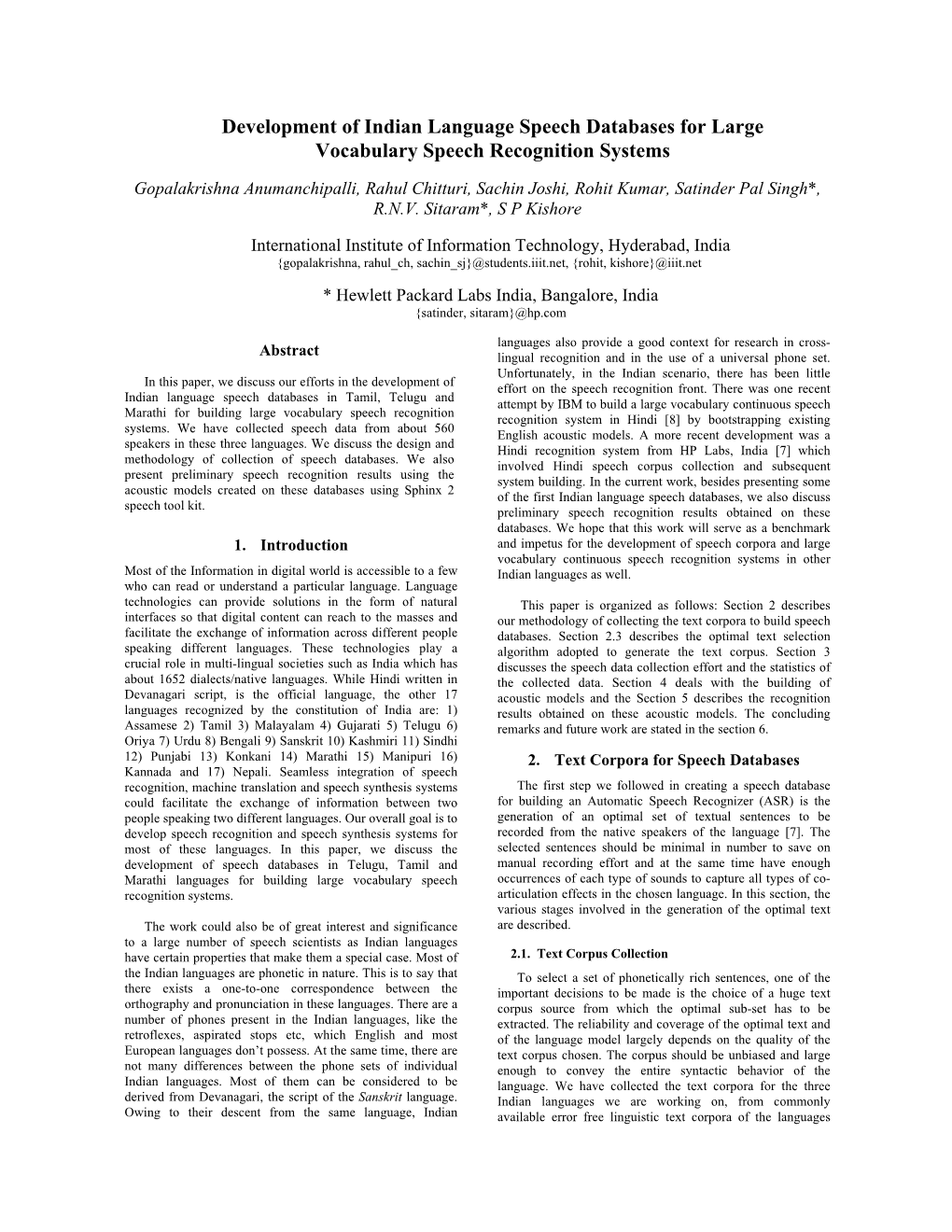 Development of Indian Language Speech Databases for Large Vocabulary Speech Recognition Systems