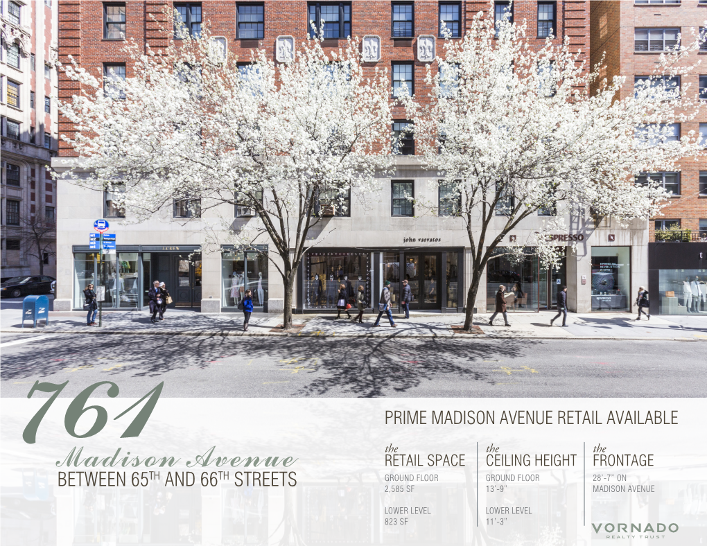 761Madison Avenue RETAIL SPACE CEILING HEIGHT FRONTAGE TH TH GROUND FLOOR GROUND FLOOR 28’-7” on BETWEEN 65 and 66 STREETS 2,585 SF 13’-9” MADISON AVENUE