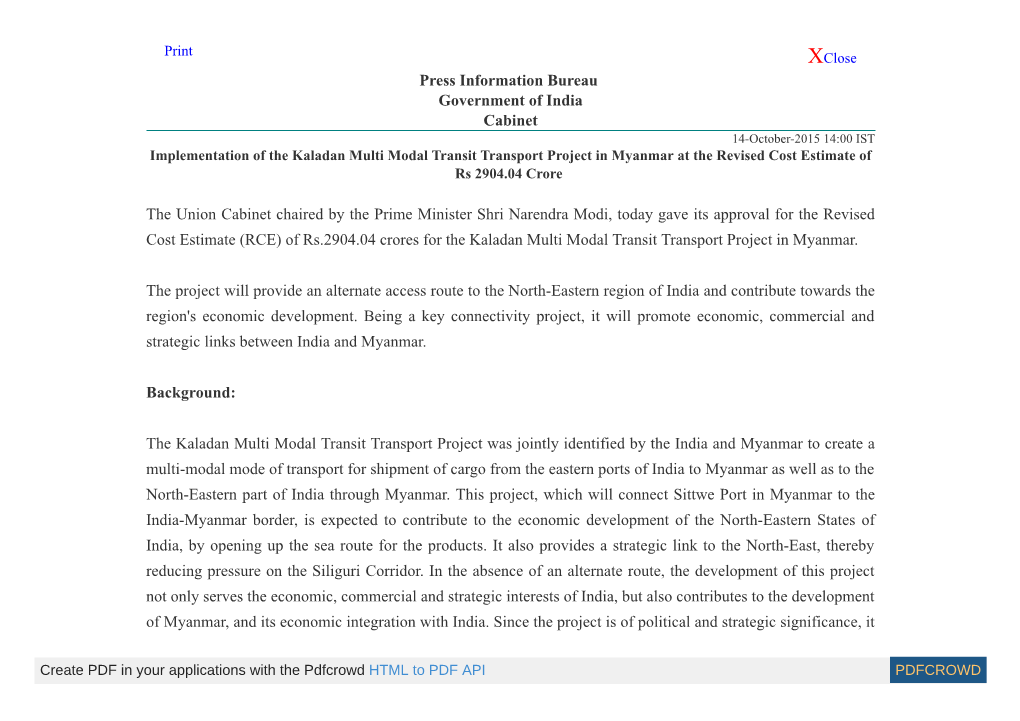 Implementation of the Kaladan Multi Modal Transit Transport Project in Myanmar at the Revised Cost Estimate of Rs 2904.04 Crore