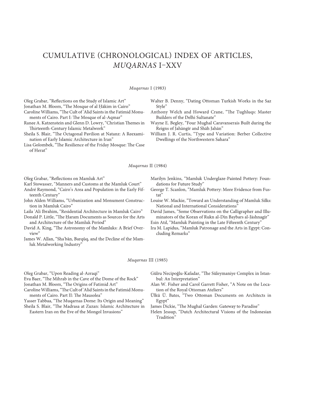 Cumulative Chronological Index of Articles, Muqarnas
