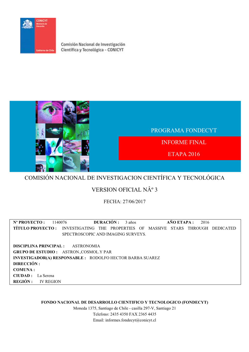 Programa Fondecyt Informe Final Etapa 2016 Comisión